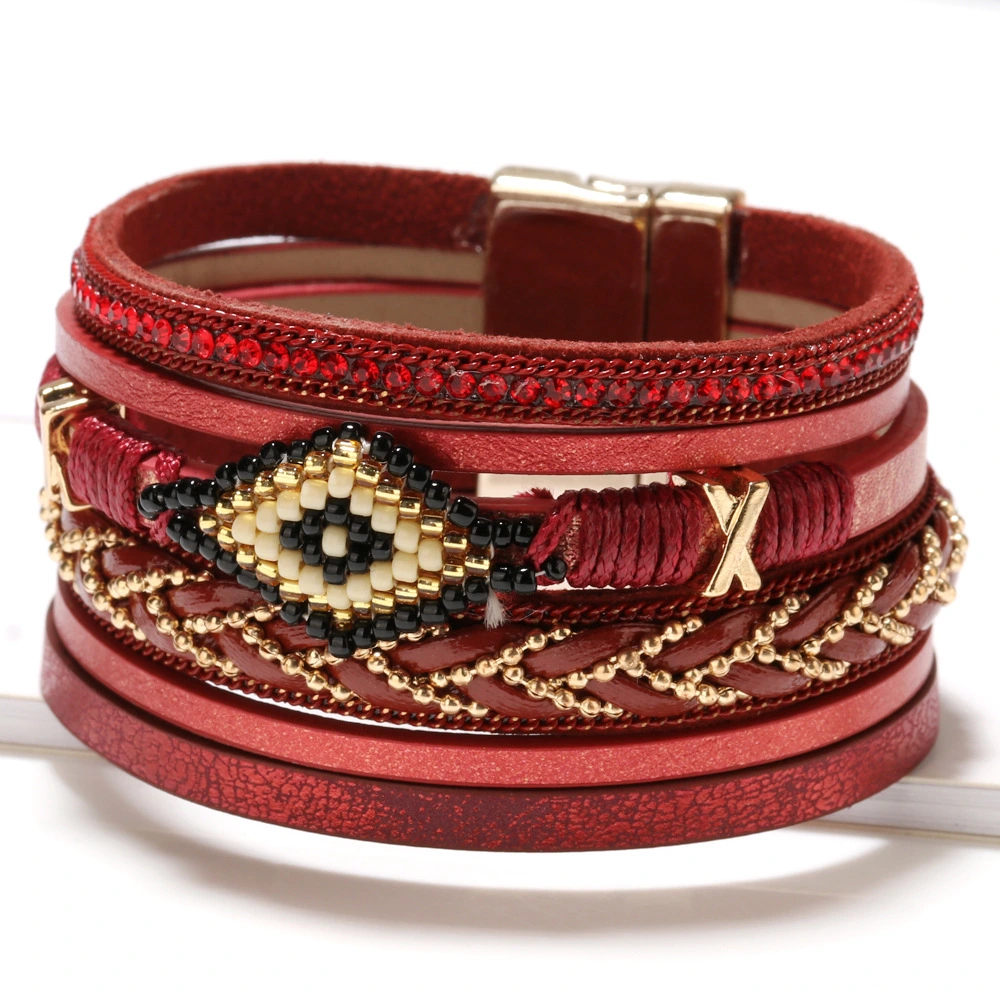 Amorcome Miyuki Evil Eye Leather Bracelets For Women Fashion Ladies Bohemian Wide Wrap Charm Bracelet Party Jewelry Gift