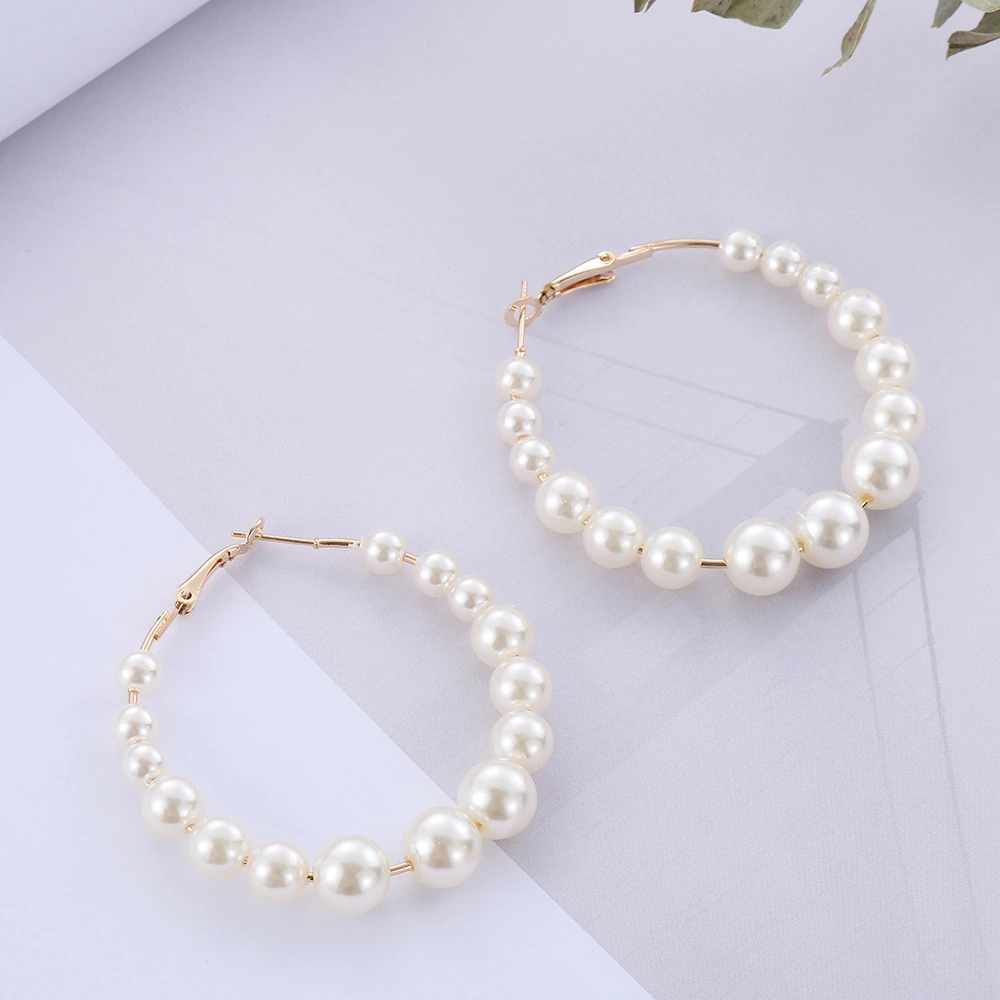 Women Elegant White Pearls Round Hoop Earrings Girl 