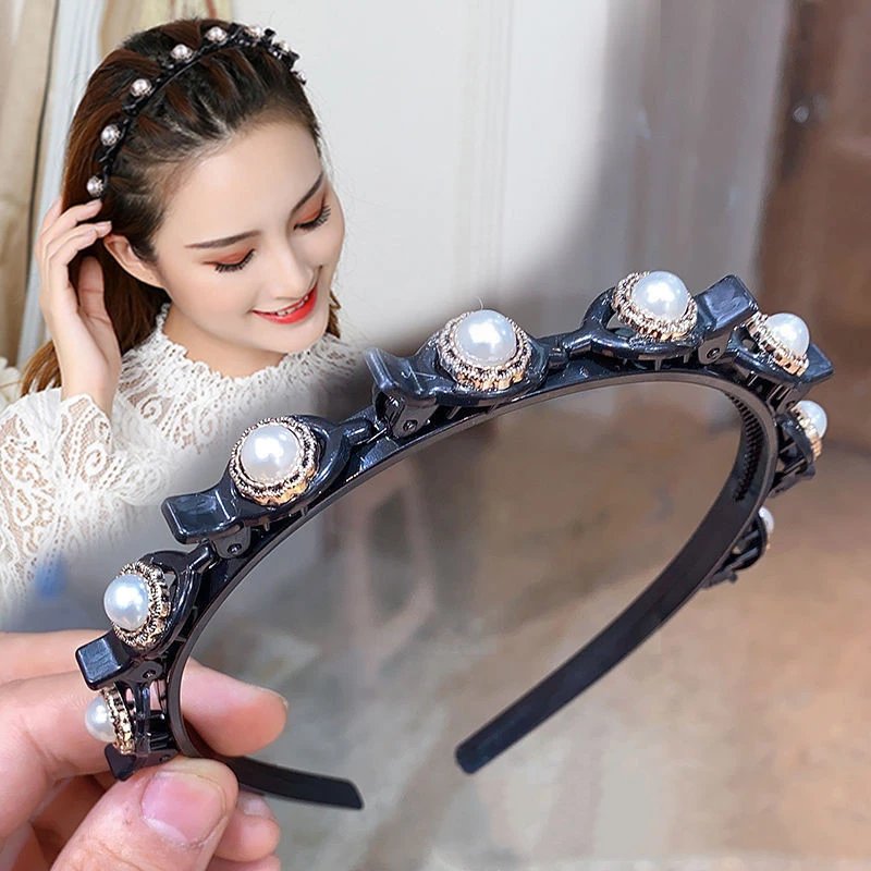 Lazy Braided Hair Snap Button Broken Hairpin Pearl Rhinestone Headband