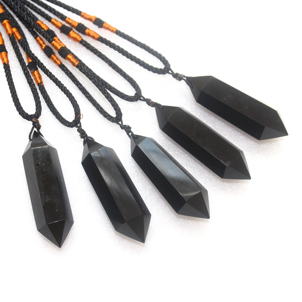 Natural Crystal Pendant Obsidian Double Pointed Hexagonal Prism Necklace