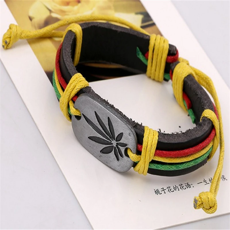 Jamaican Reggae Red Yellow Green Leaf Bracelet Factory Direct Genuine Leather Jewelry