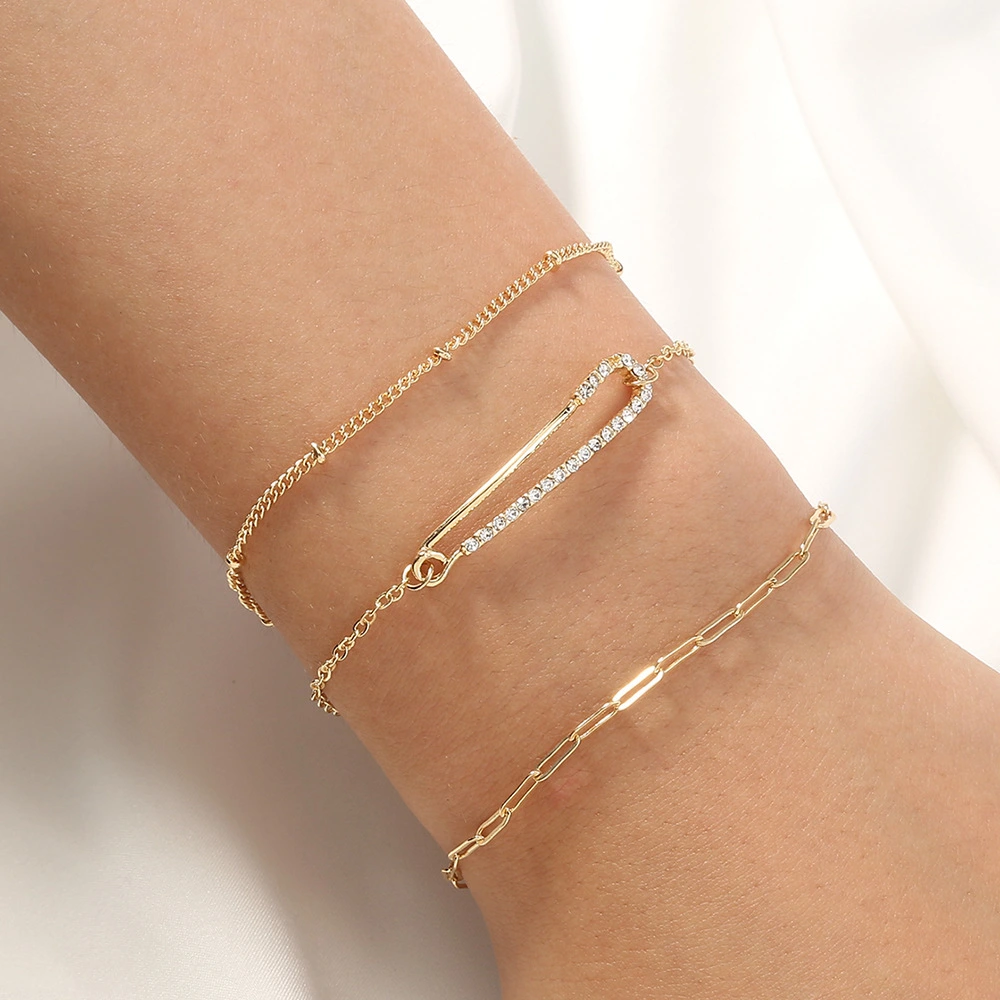 Golden Pearl Pin Paper Clip Multilayer Set Bracelet