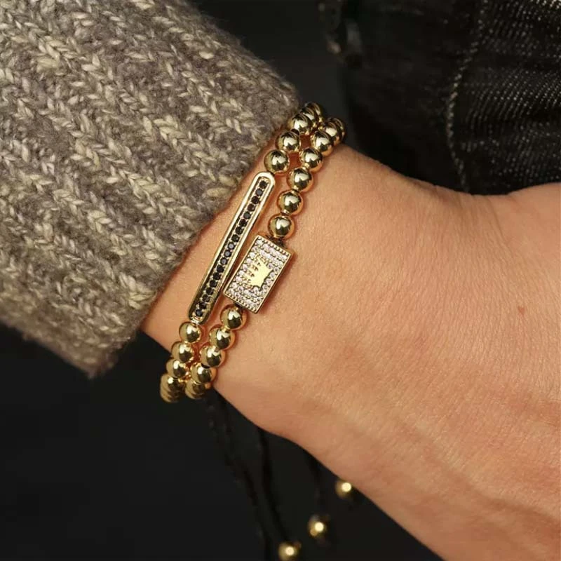 Charm Long Tube Men Bracelet Pave CZ Braided Macrame Gold