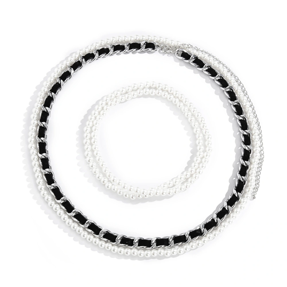 Aluminum Chain PU Leather Belt With Pearl Multi-layer Body Chain Women