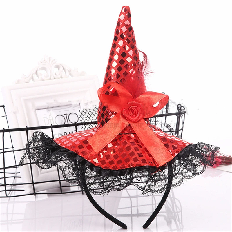 Halloween Decoration Witch Hat Headband, Masquerade Show Lace Sequin Hat Headband