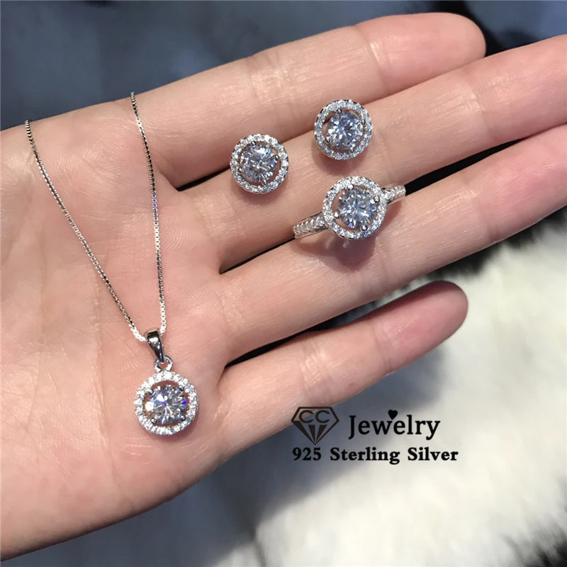 925 Silver Sparkling Diamond Set Earrings Necklace Ring Set