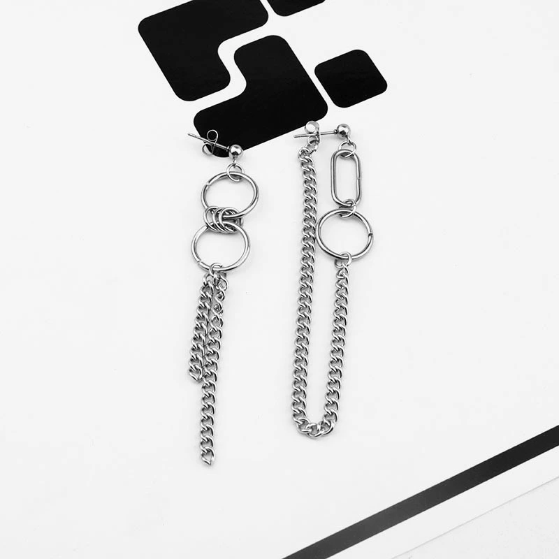 Men's Chain Assembling Asymmetric Earrings With Long Temperament