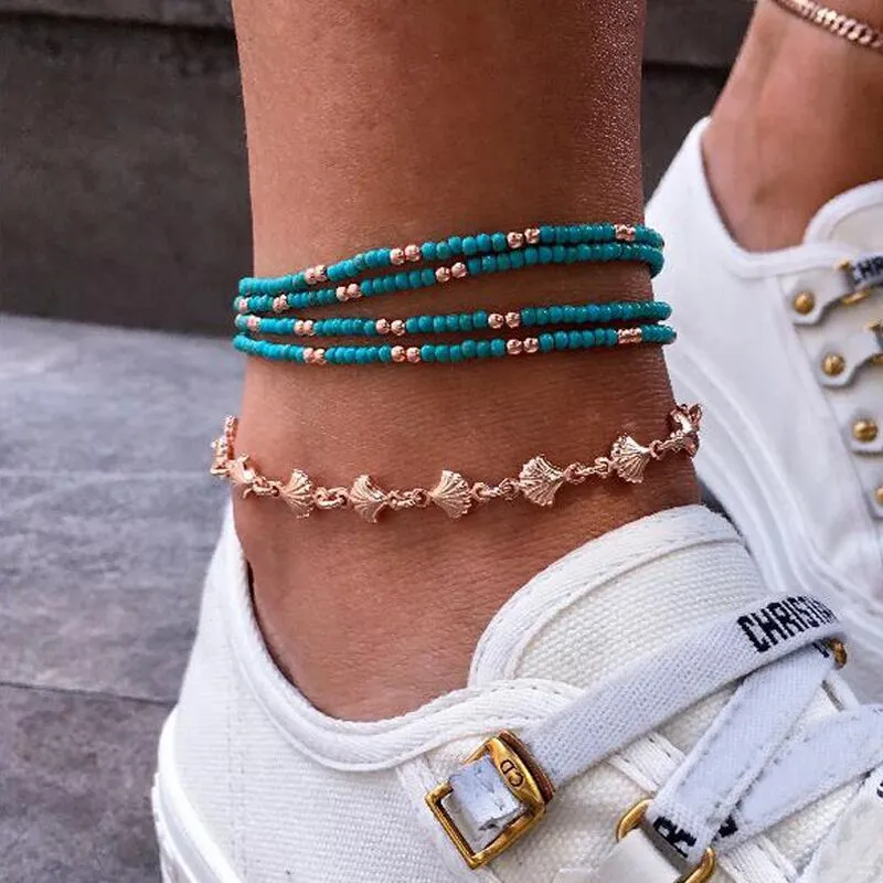 Beach Shells Handmade Beaded 5-piece Anklet