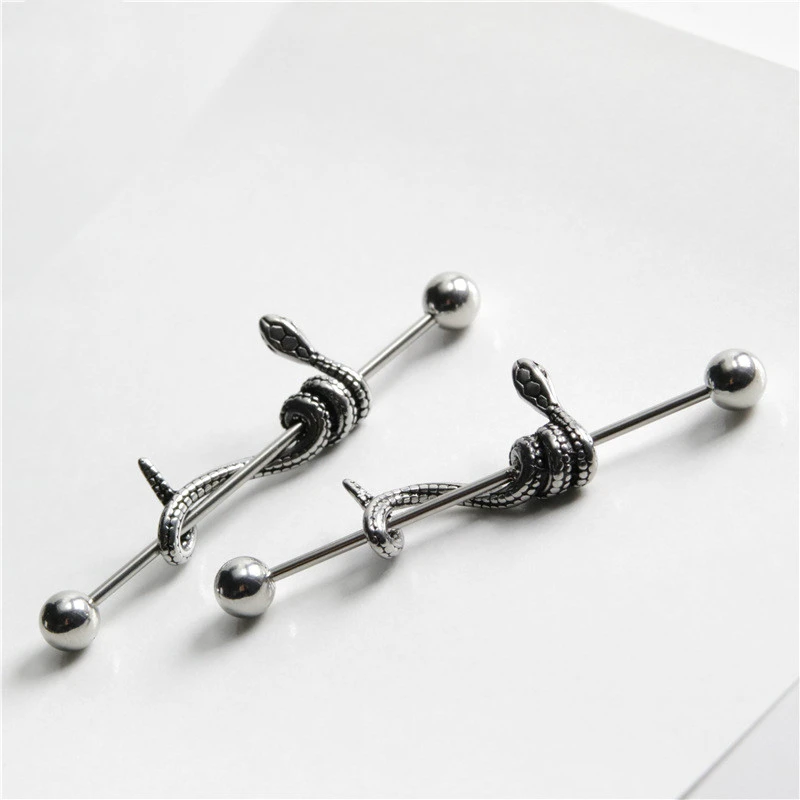 Long cast snake-shaped barbell earrings