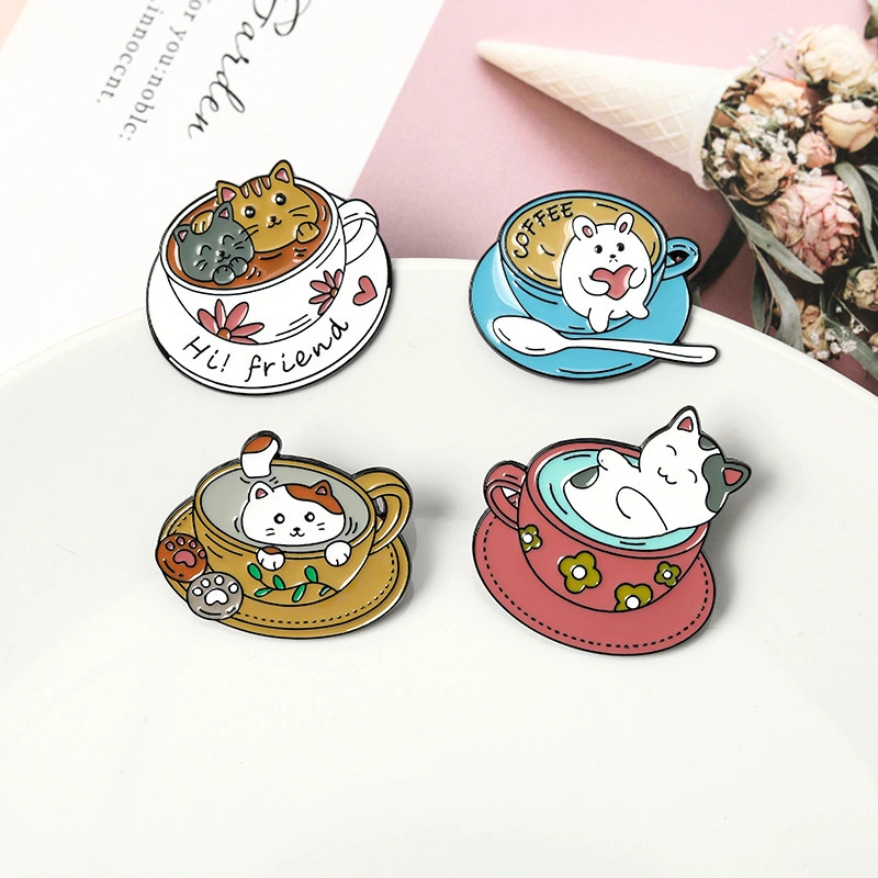 Cat Coffee Cup Alloy Brooch Animal Badge