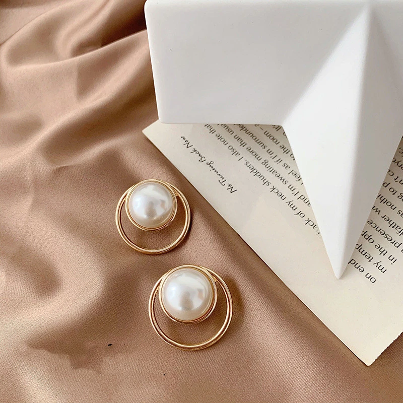 Silver Post Pearl Stud Earrings Geometric Round Earrings Korea