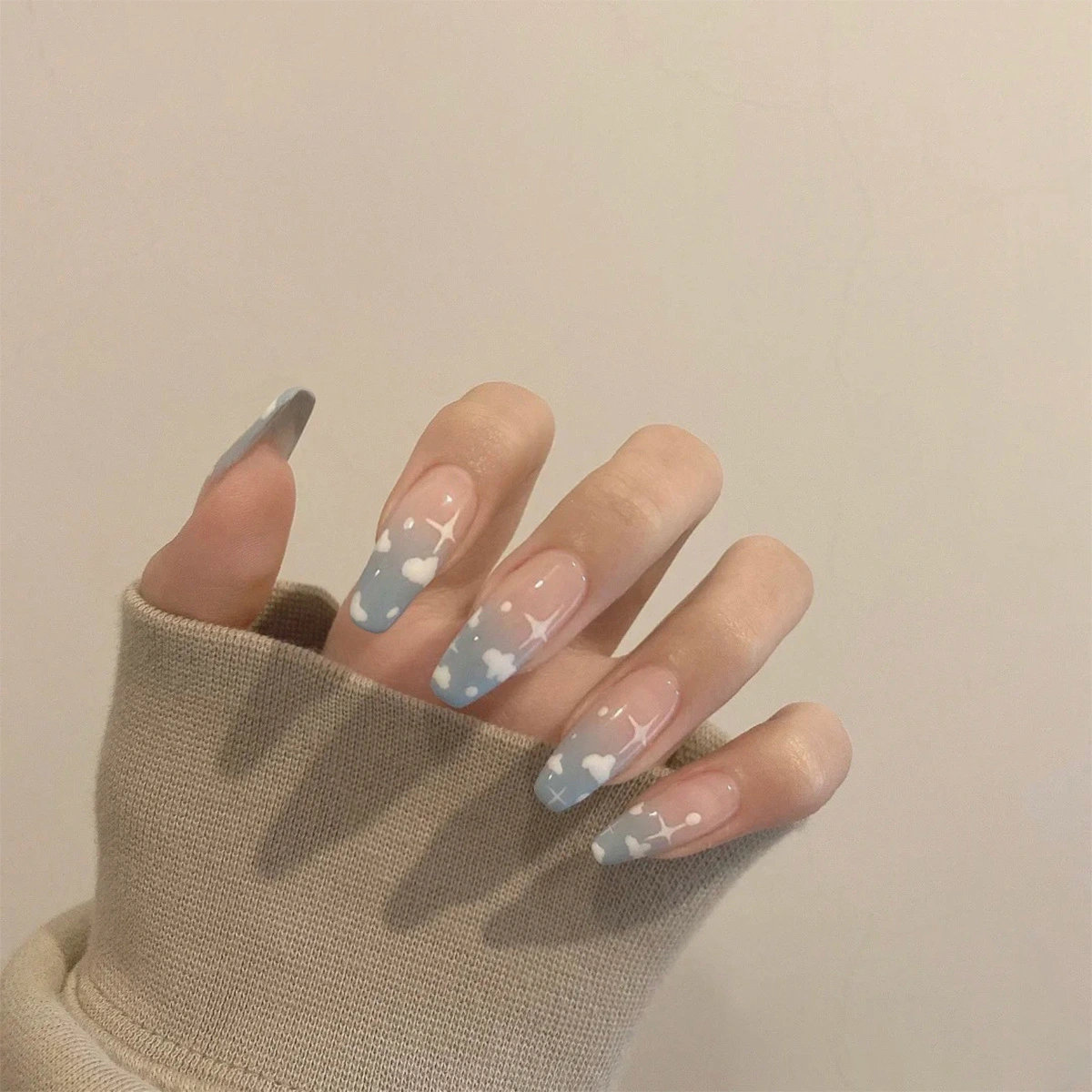 Gray Blue Cotton Cloud Wearing Nail Finished Soft Nail Fake Nail  Patch  Removable 