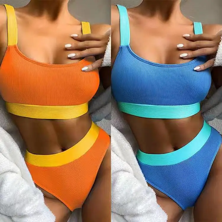  European And American New Bikini Single Pit Bar Solid Color Splicing Bikini Fashion Sexy Cross Border Women's Swimsuit