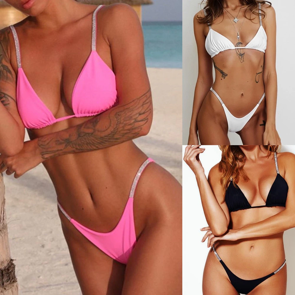 European And American New Style Diamond Bikini Sexy Triangle Cup Solid Color Split Swimsuit Women