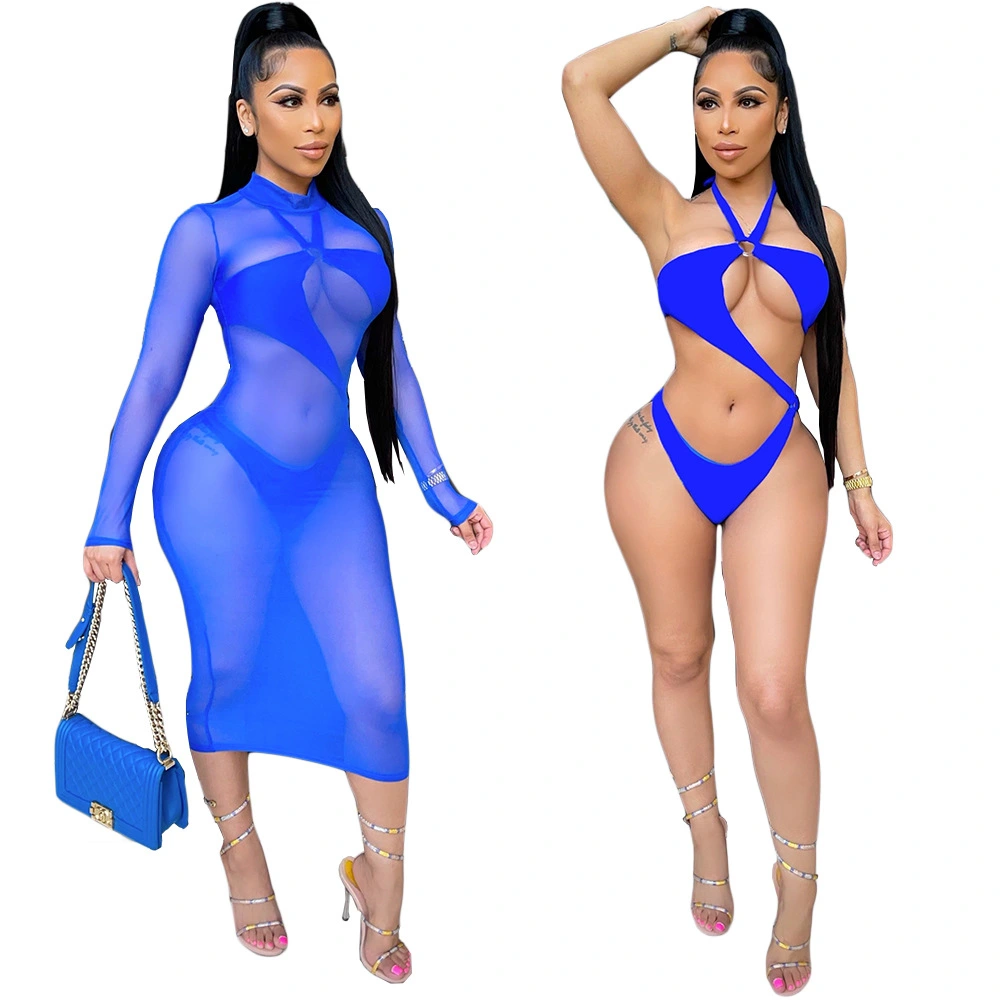 Sexy Swimsuit Solid Color Net Yarn Suit Nightclub Two-piece Suit