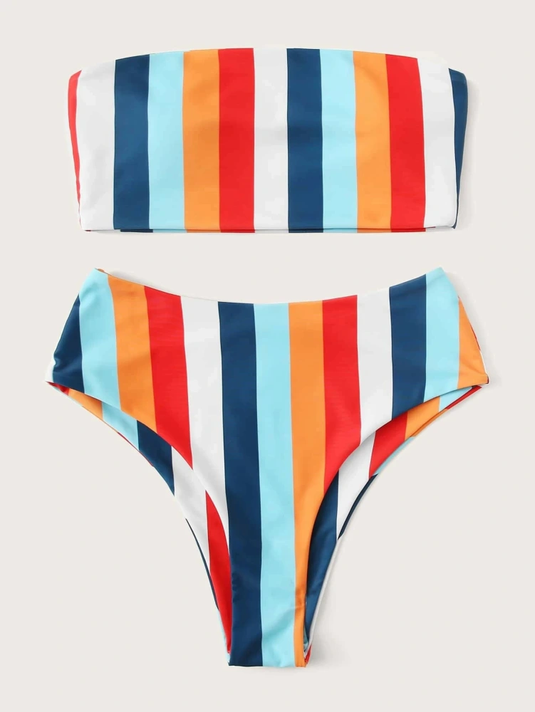 Chest Print Rainbow Striped High Waist Split Bikini