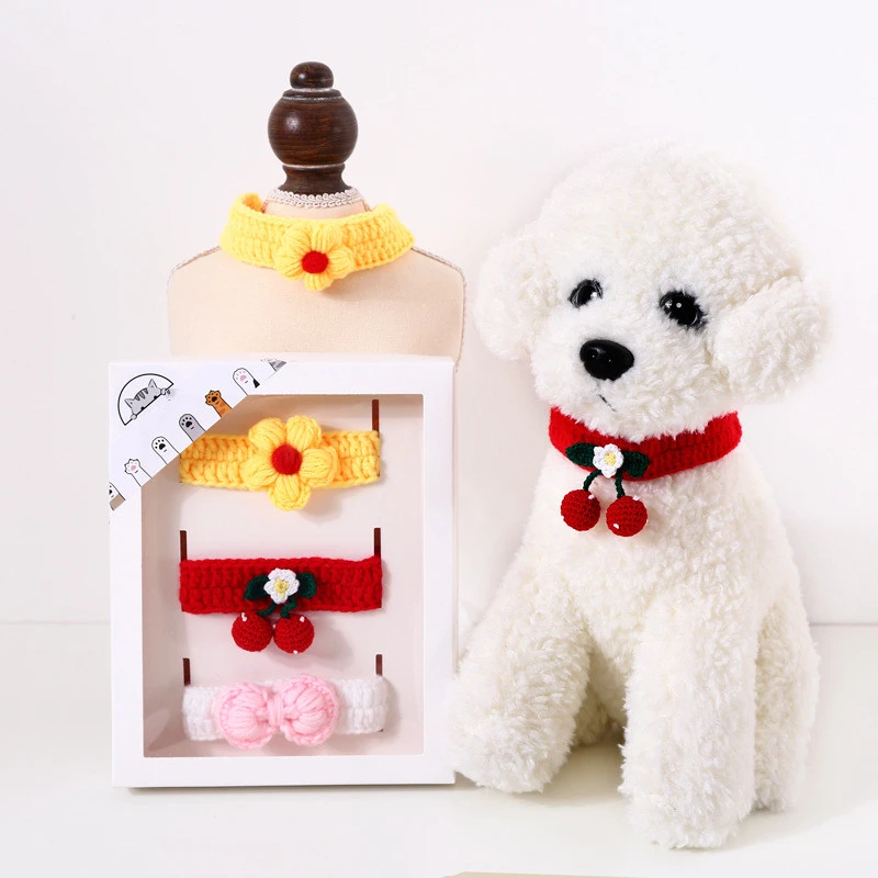 Pet Hand Knitted Wool Cherry Flower Bow Adjustable Cat Dog Cole Duck Collar Accessories Gift Box