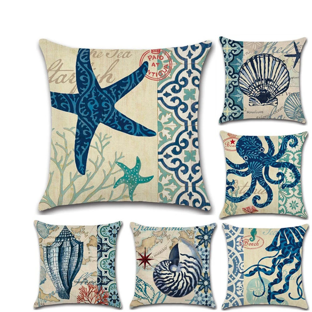 New Hand Painted Marine Coral Seahorse Starfish Linen print Pillowcase Cushion Cover