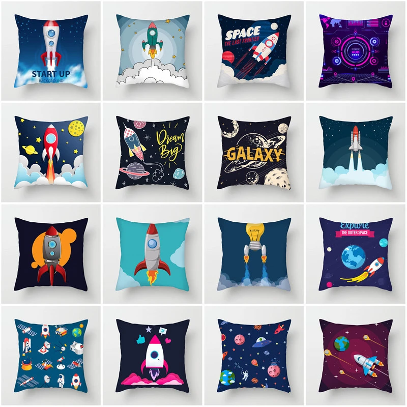 Spaceship Cartoon Cushion Cover Astronaut Rocket Pillow Case Household Pillow Case