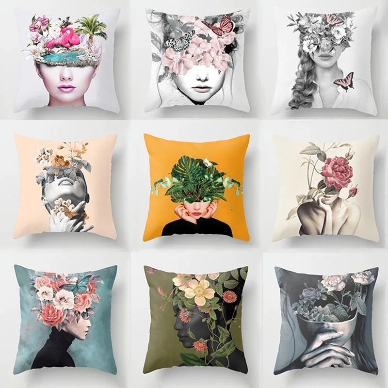 Abstract Print Flower Lady Cushion Cover  Pillow Cases