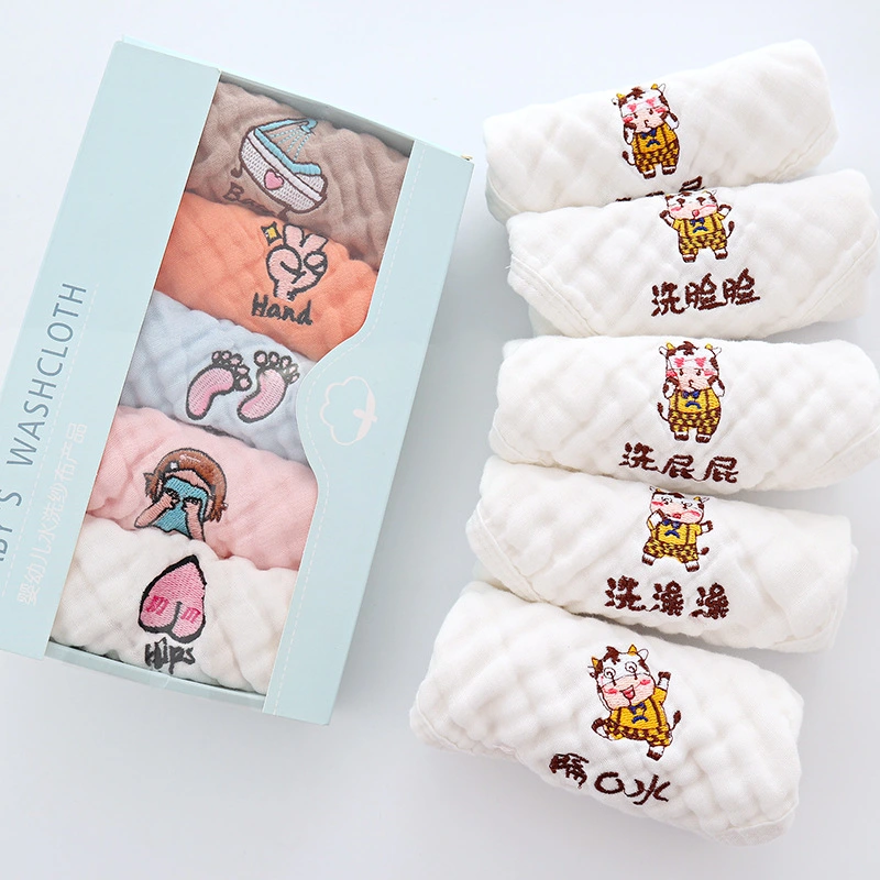 5-Pack Cotton Embroidery Square Scarf Cartoon 6-Layer Gauze Baby Edging Handkerchief Baby Nursery Saliva Towel