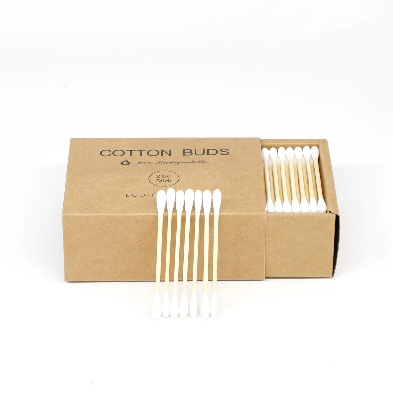 Zinc OEM Cross-Border 200 Bamboo Wood Paper Plastic Stick Cotton Swab Cotton Swab Kraft Paper Box Cotton Swab Disposable