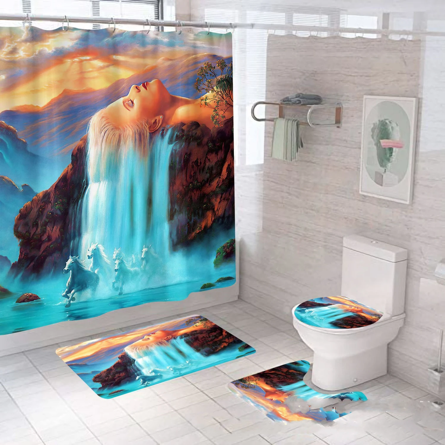 4pcs Bathroom Set Shower Curtain Waterfall Non slip