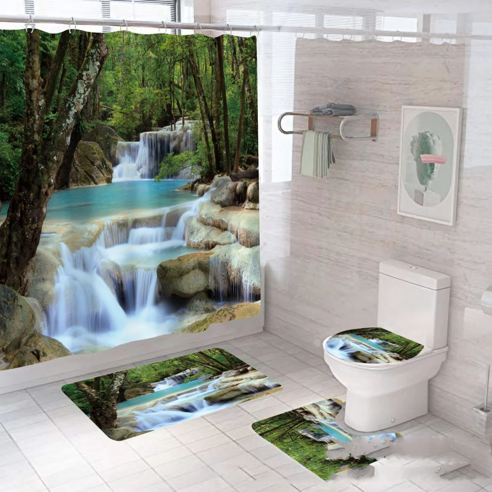 4pcs Bathroom Set Shower Curtain Waterfall Non slip