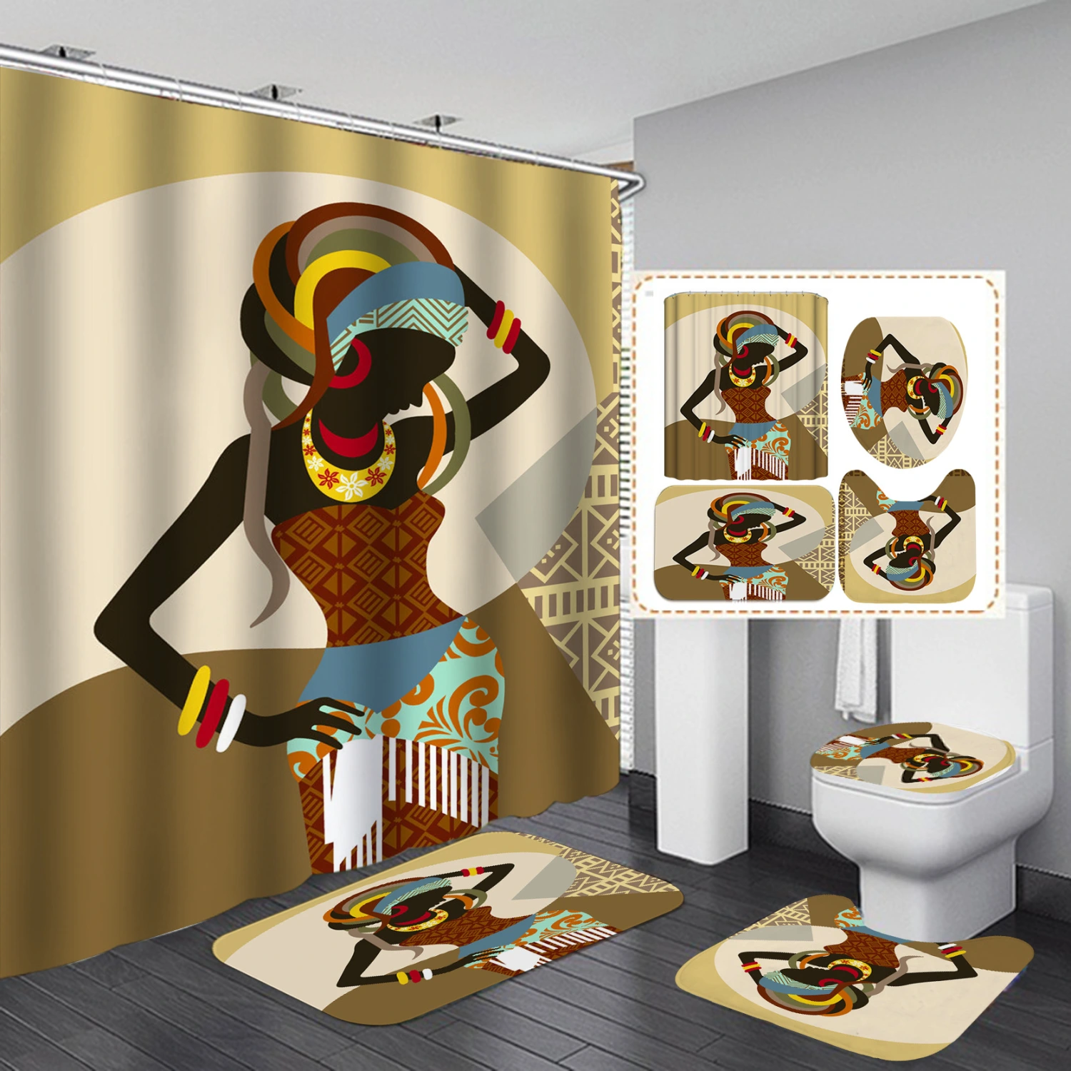 Vintage African Woman Shower Curtain Set Bathroom 