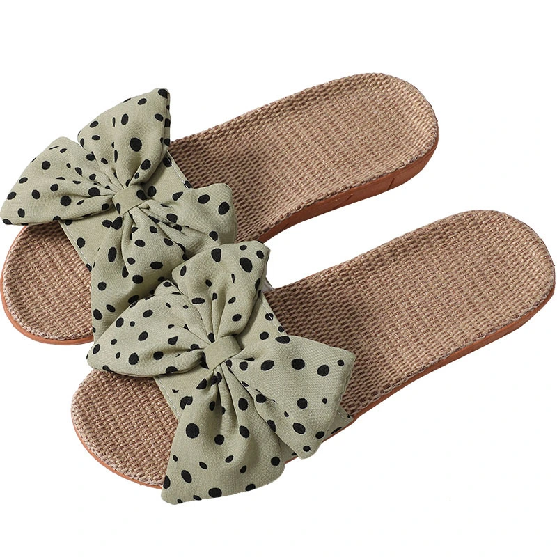Bowknot Linen Slippers Women Cute Polka Dot Home Women's Linen Slippers