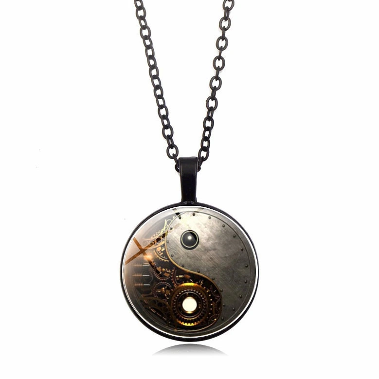 Steampunk Yin Yang time Gem Necklace Pendant