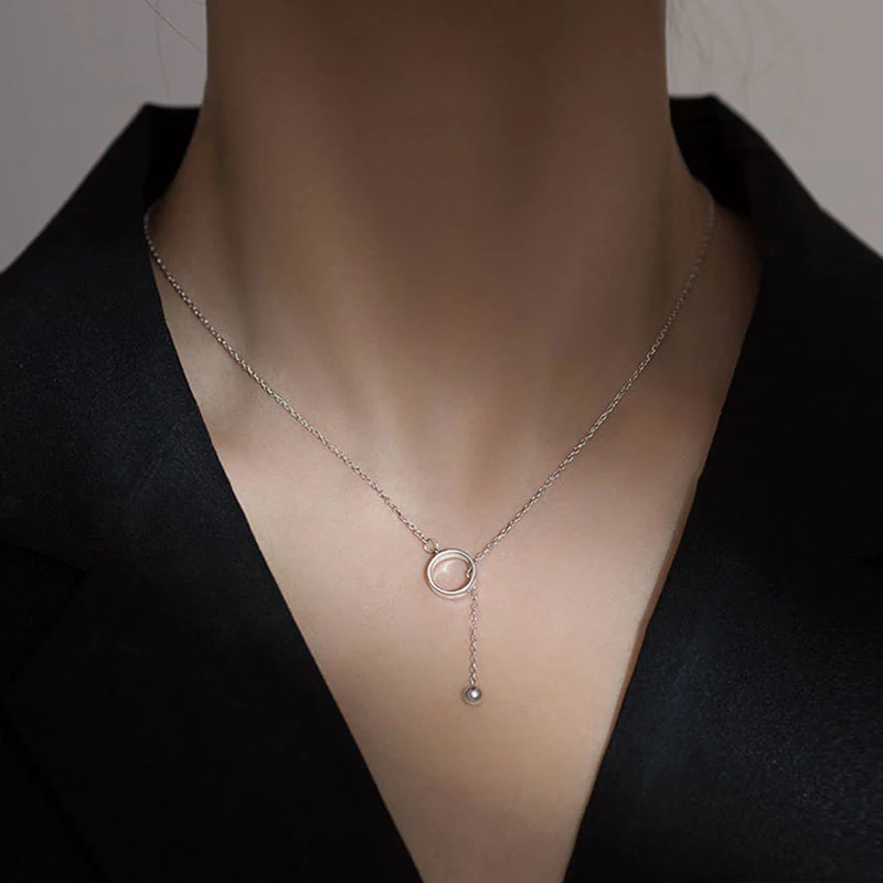 Sterling Silver Round Bead Circle Tassel Clavicle Chain