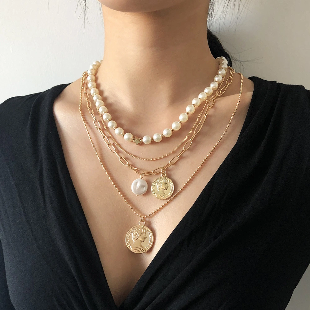 Multilayer Portrait Pendant Pearl Clavicle Chain