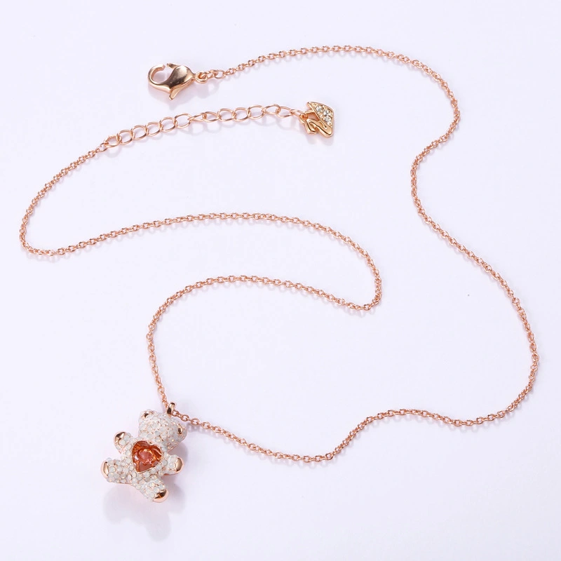 Pink Diamond Teddy Smart White Bear Necklace Flashing Heart Shape