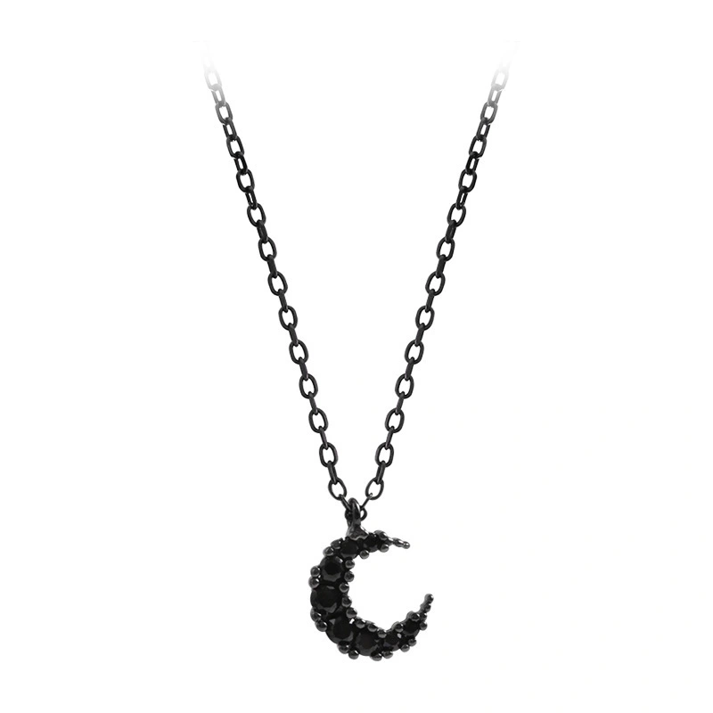 Silver Black Diamond Moon Necklace Simple Personality