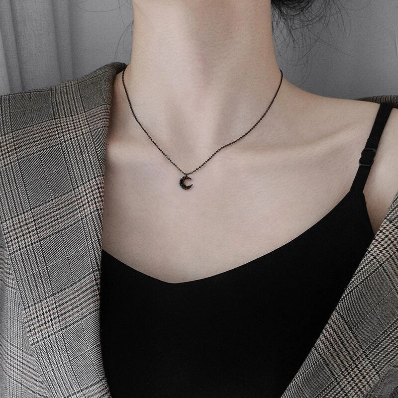 Silver Black Diamond Moon Necklace Simple Personality