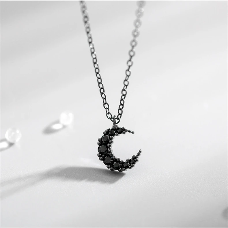 Silver Black Diamond Moon Necklace Simple Personality