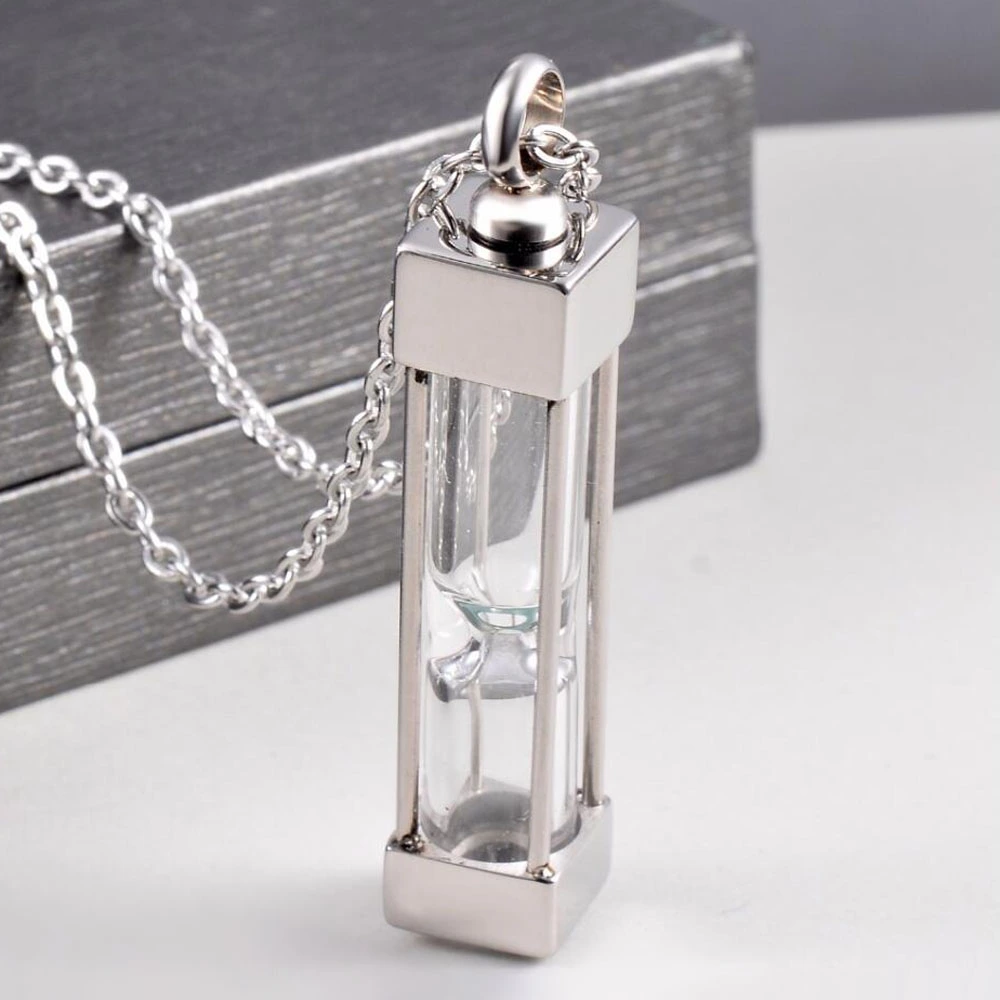 Square Tube Hourglass Glass Titanium Steel Necklace