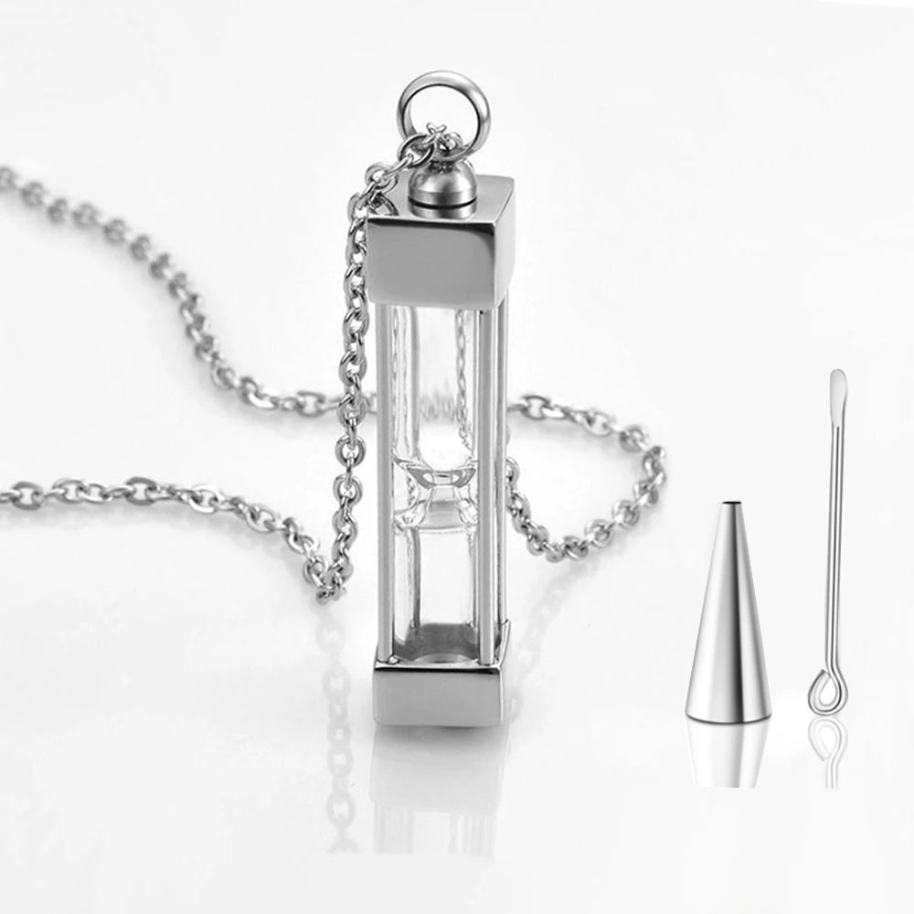 Square Tube Hourglass Glass Titanium Steel Necklace