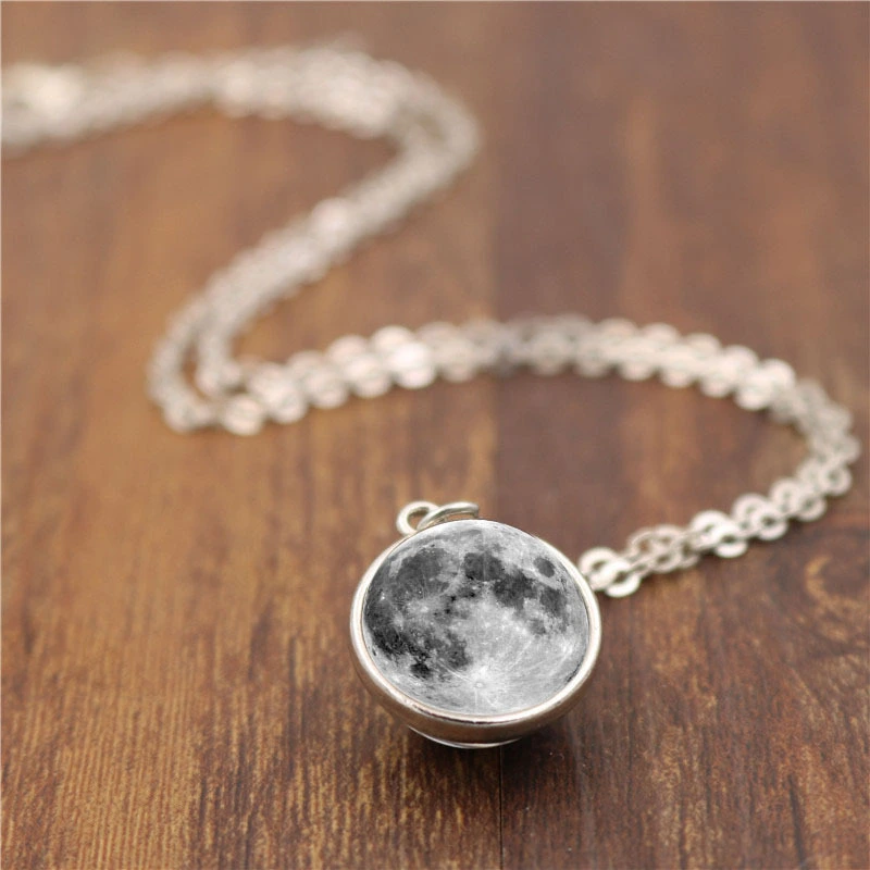 Double-sided Glass Ball Grey Moon Time Gemstone Pendant Necklace