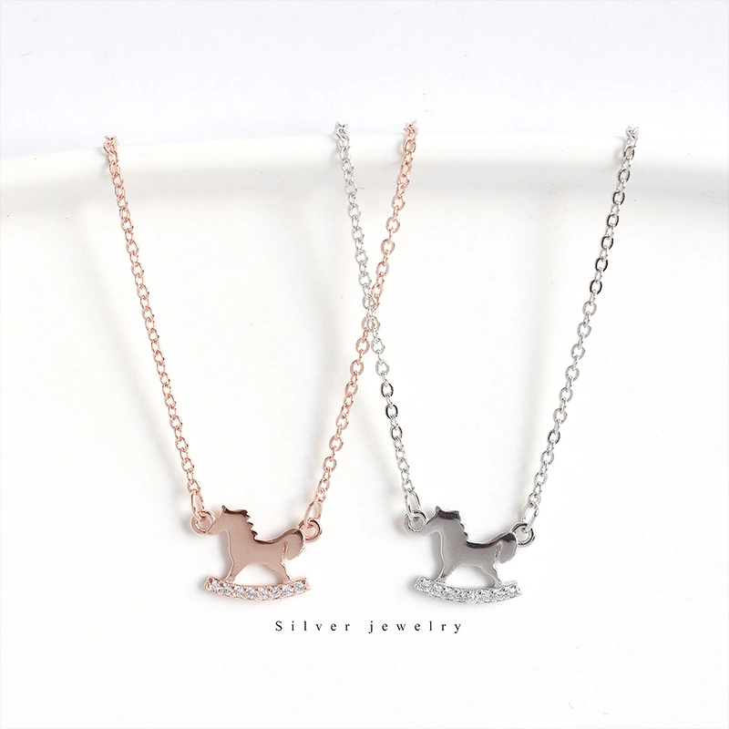 Simple Mini Wooden Horse Necklace S925 Sterling Silver