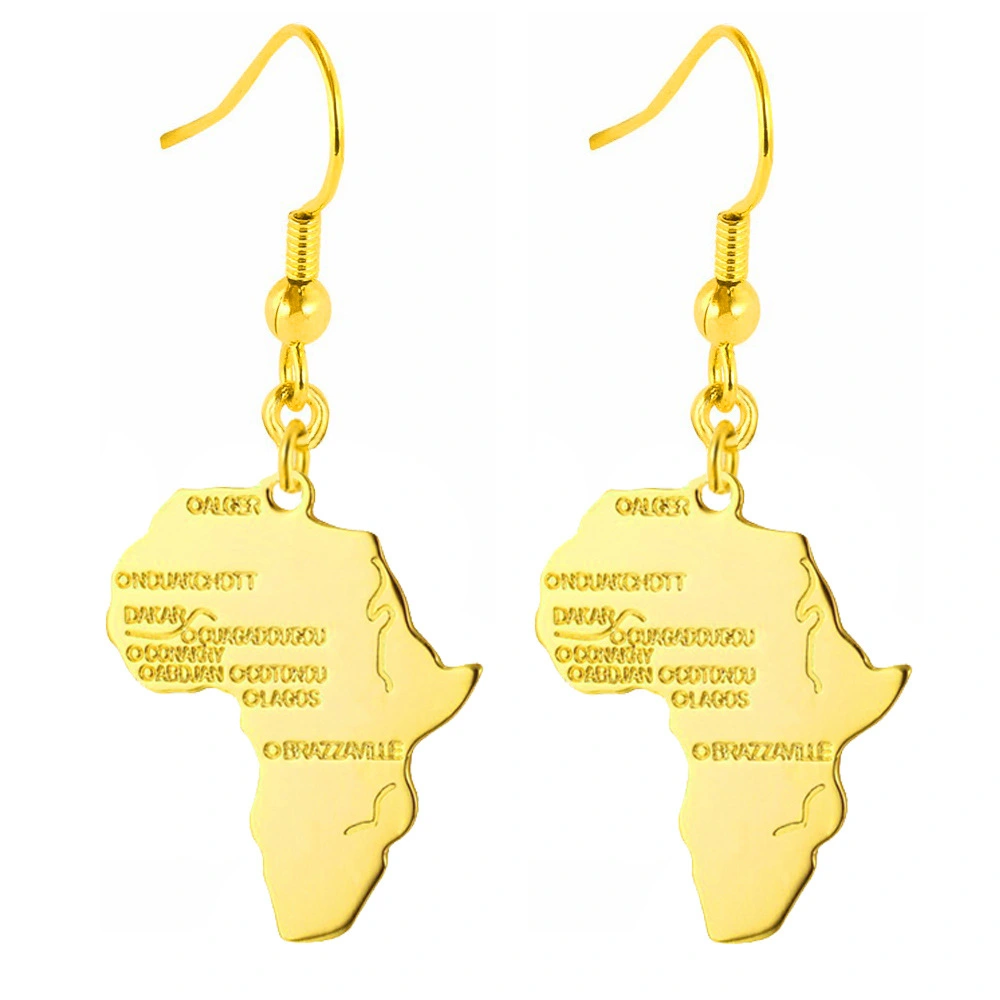 Copper Gilded Africa Map Earrings Hip Hop Rock