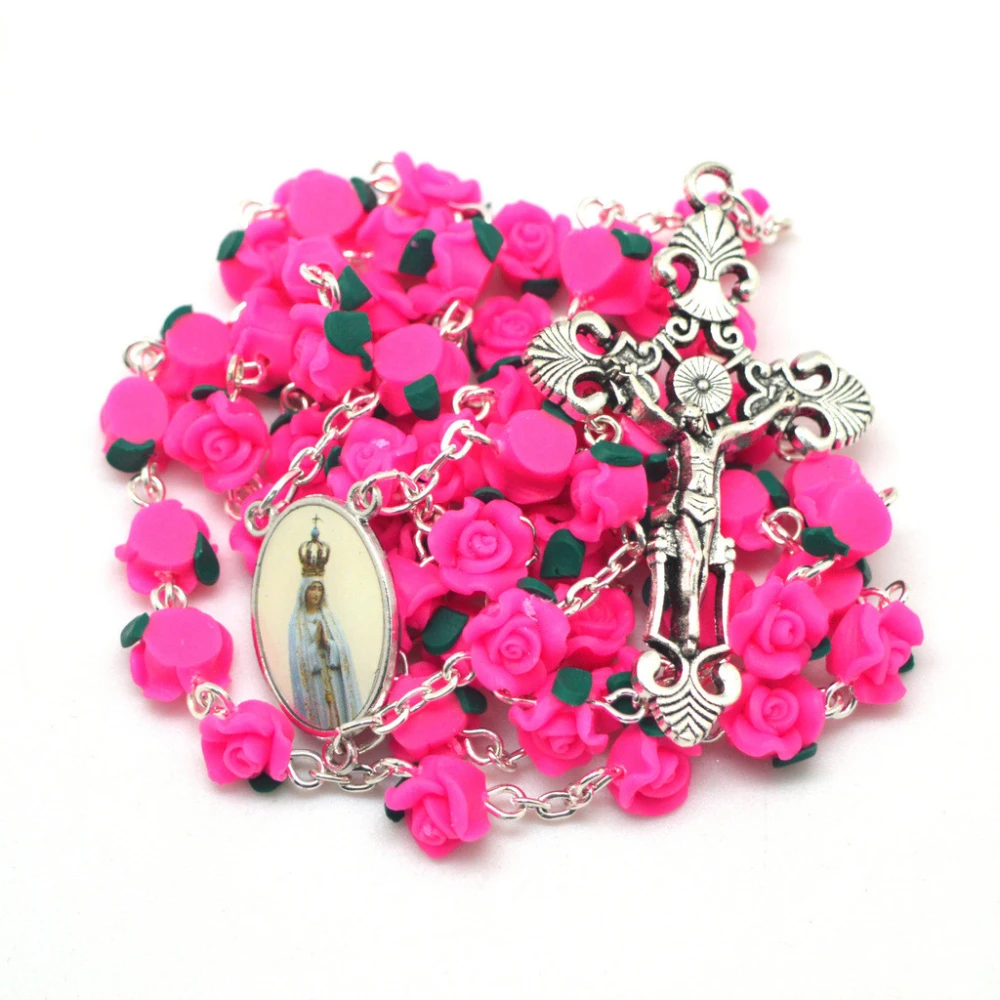 Red Clay Rose Catholic Rosary Necklace