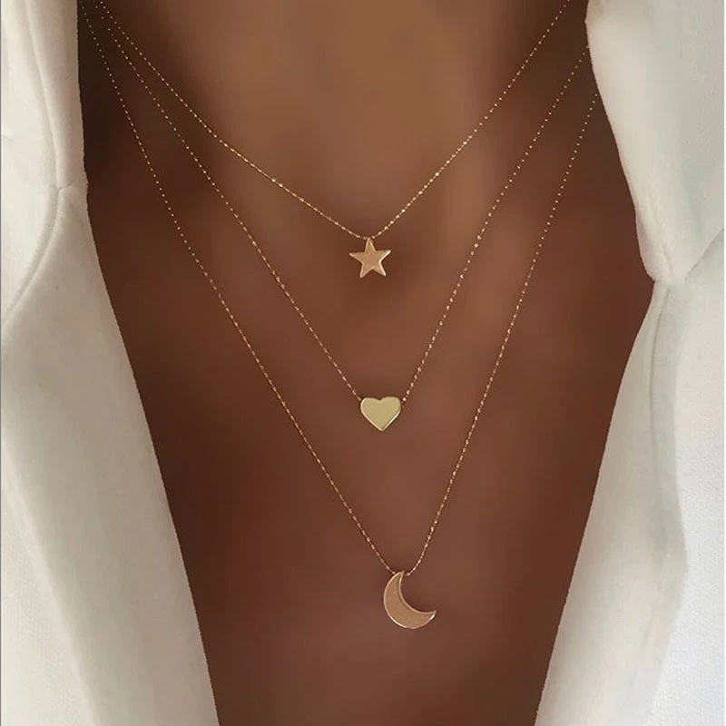 New Gold Pendant Clavicle Chain Multi Layer Simple Star Moon Love Pendant Necklace