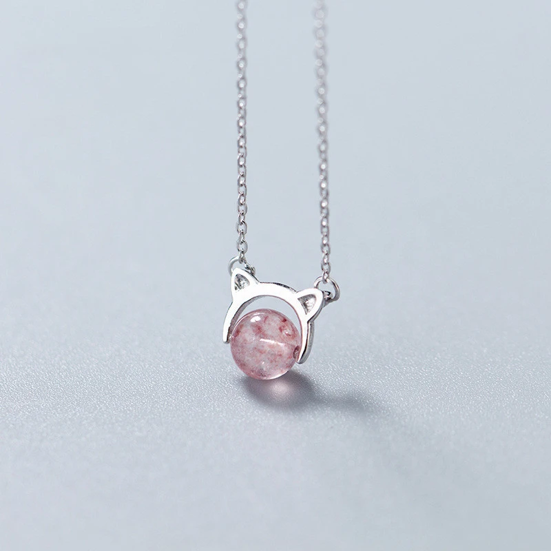 S925 Silver Pink Kitten Strawberry Crystal Necklace