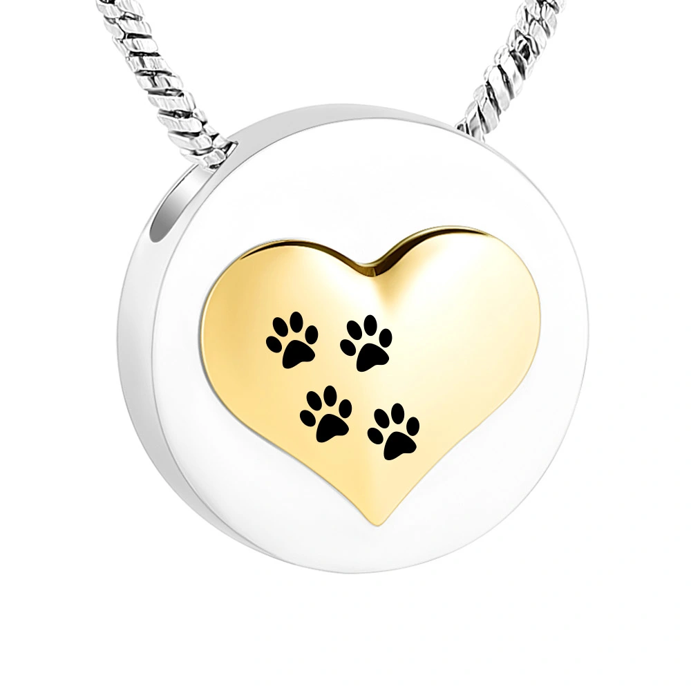 Pet paw print round golden heart shape stainless steel ashes memorial pendant jewelry necklace