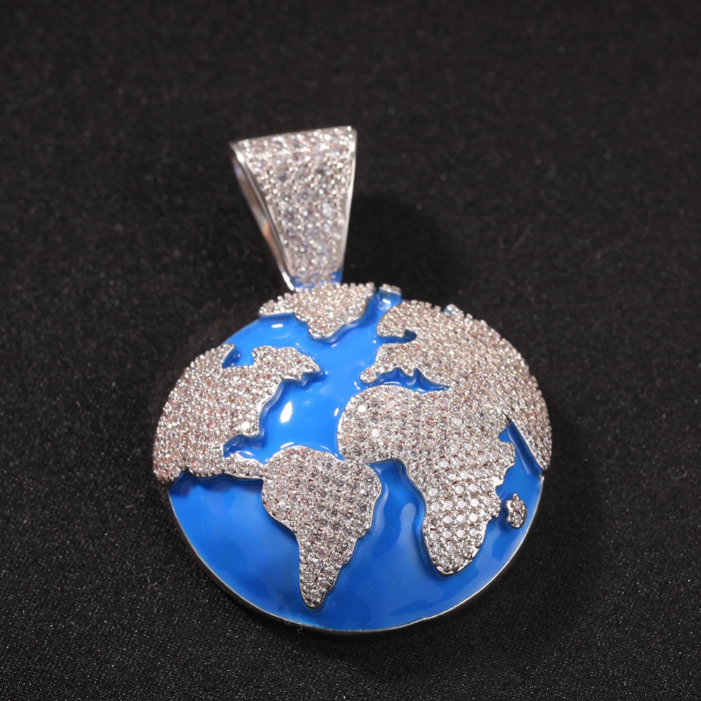 Hip Hop Oil Dropped Zircon Blue Earth Pendant Necklace