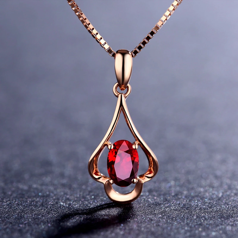 8k Rose Gold Clavicle Chain Ruby Pendant Necklace