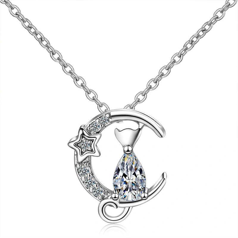 Diamond Moon Cat Clavicle Chain Pendant Necklace