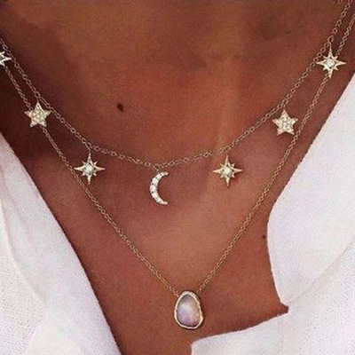 Star and Moon Diamond Tassel Multilayer Alloy Necklace